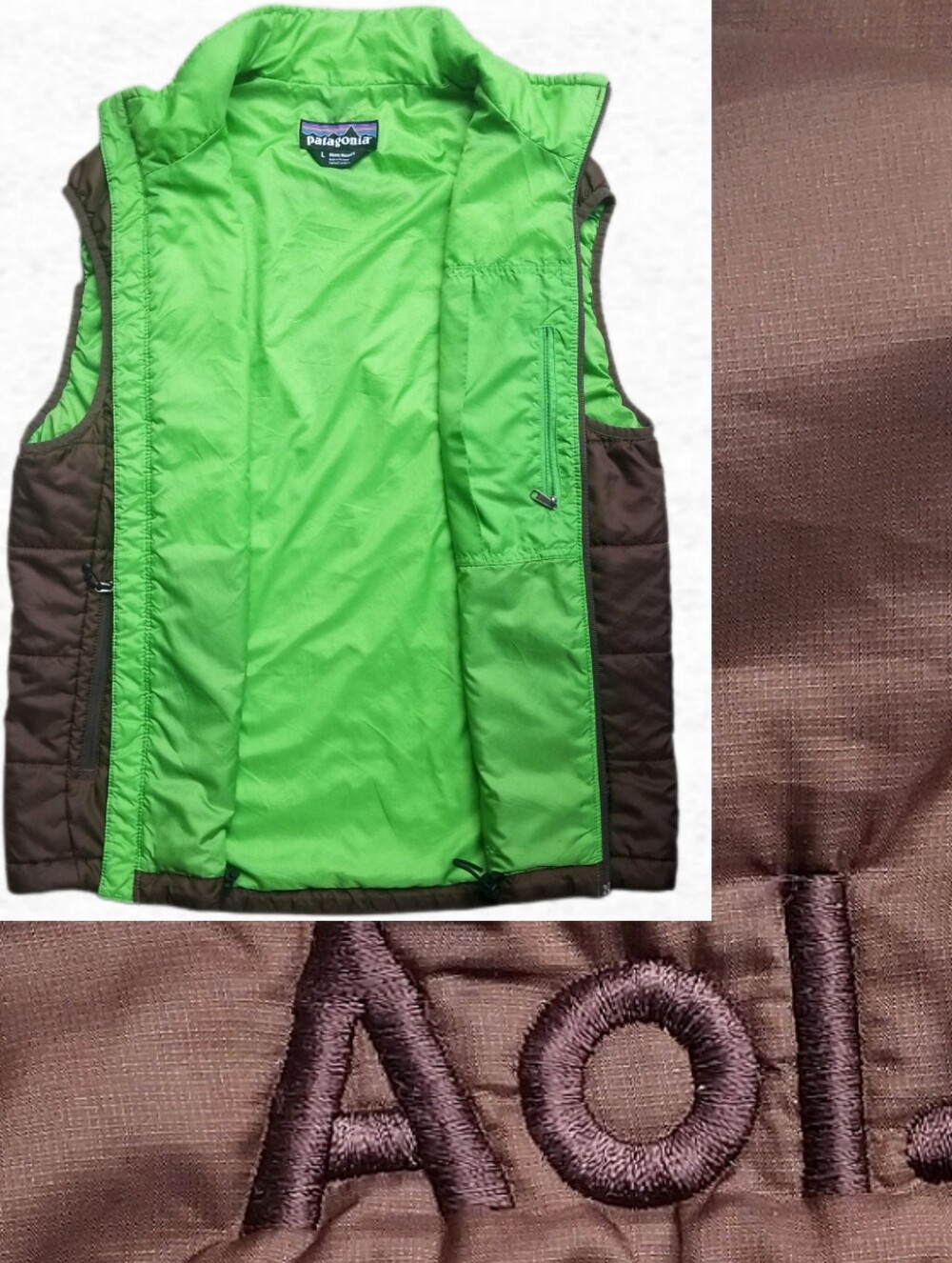 Patagonia Mens XL Micro Puff Vest AOL Logo Brown Lime Green Y2K Tech-Bro Dot-Com